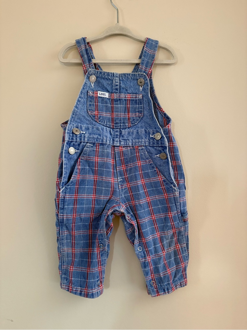 Vintage Denim Lee Blue and Red Plaid Overalls for baby 12M
